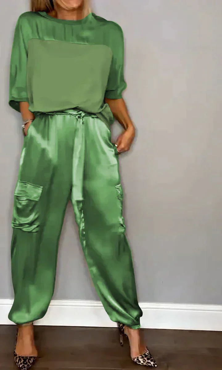 GR | Two-piece satin suit with mid-length blouse and trousers for women