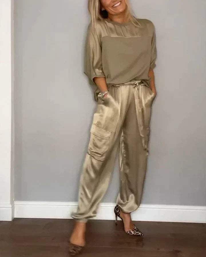 GR | Two-piece satin suit with mid-length blouse and trousers for women