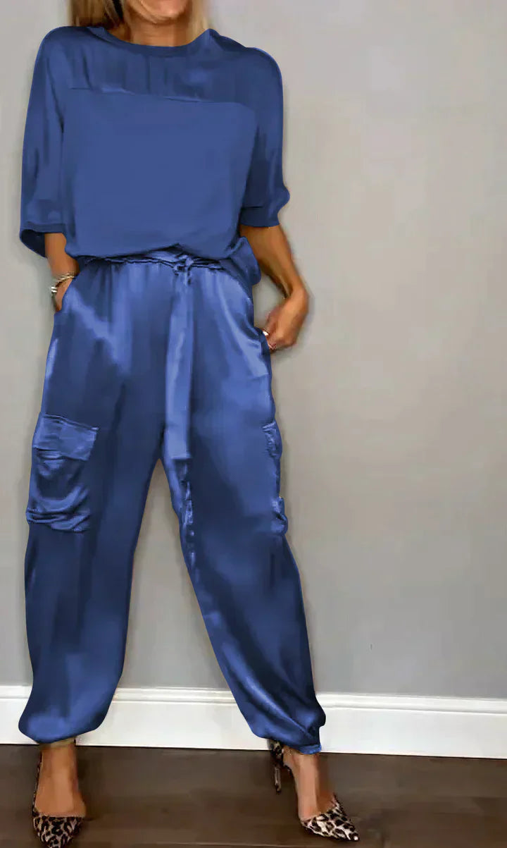 GR | Two-piece satin suit with mid-length blouse and trousers for women