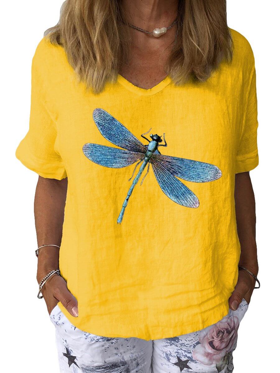 GR | Dragonfly Art Print Cotton & Linen Casual Top 