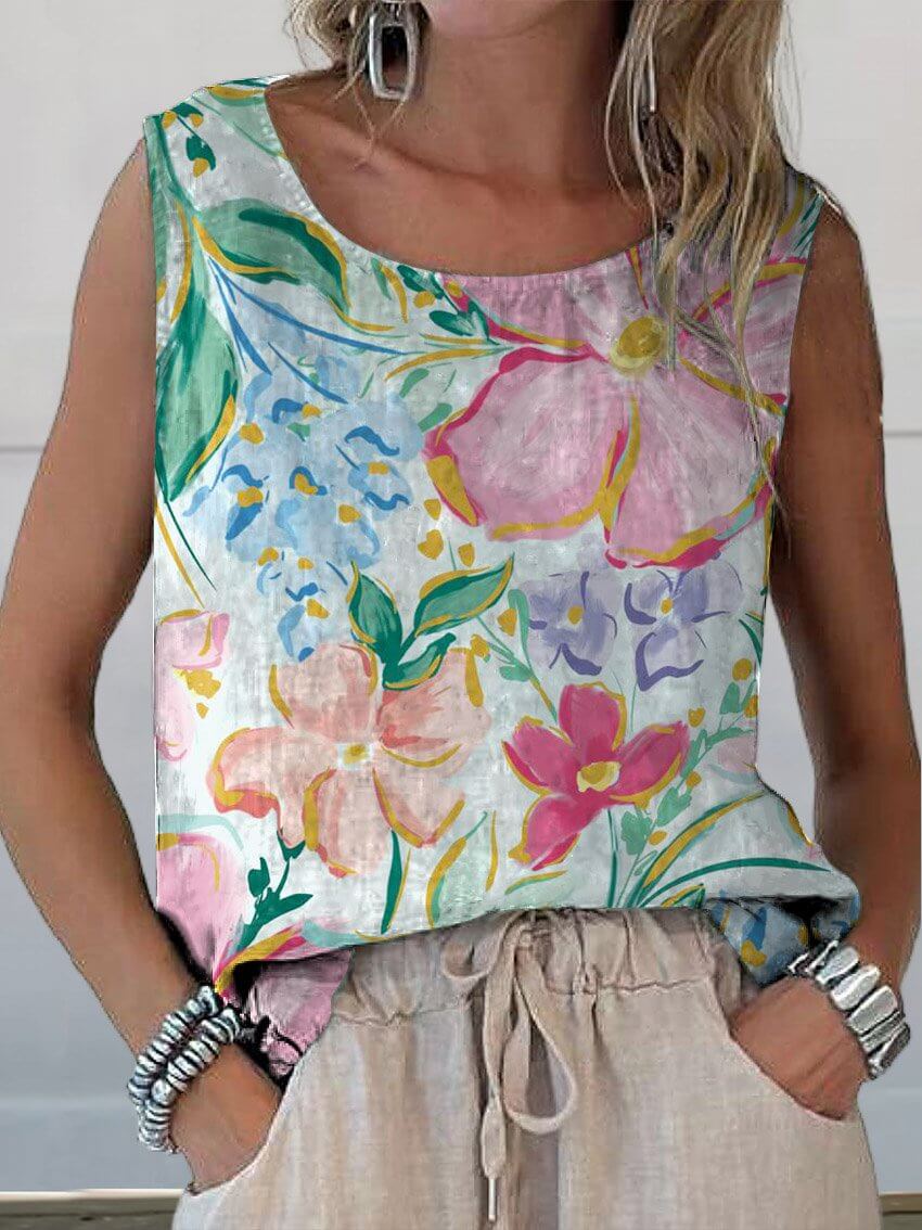 GR | Beautiful Floral Art Print Cotton and Linen Tank Top 
