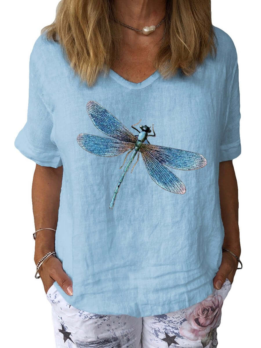 GR | Dragonfly Art Print Cotton & Linen Casual Top 