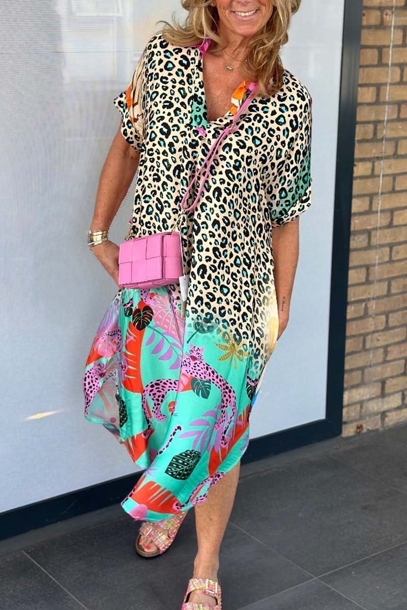 Short-sleeved casual dress with leopard print 
