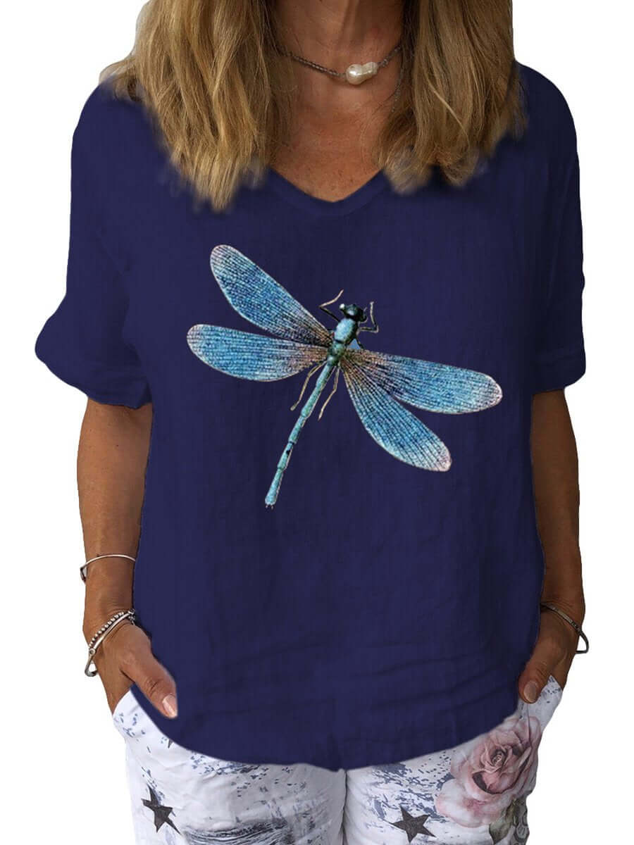 GR | Dragonfly Art Print Cotton & Linen Casual Top 