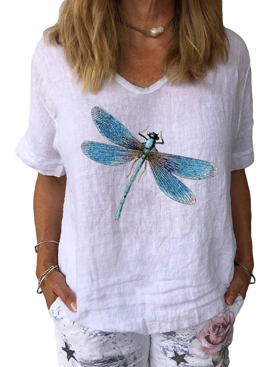 GR | Dragonfly Art Print Cotton & Linen Casual Top 