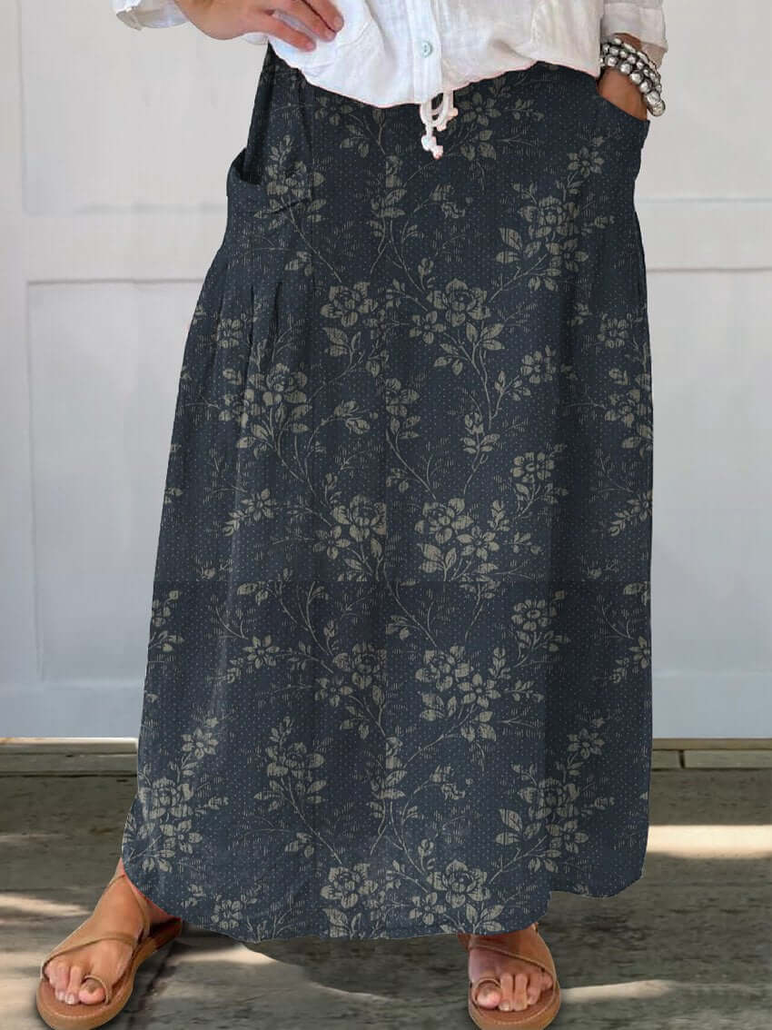GR | Vintage Blumen Leinen Elastischer Taillenbund Rock mit Taschen