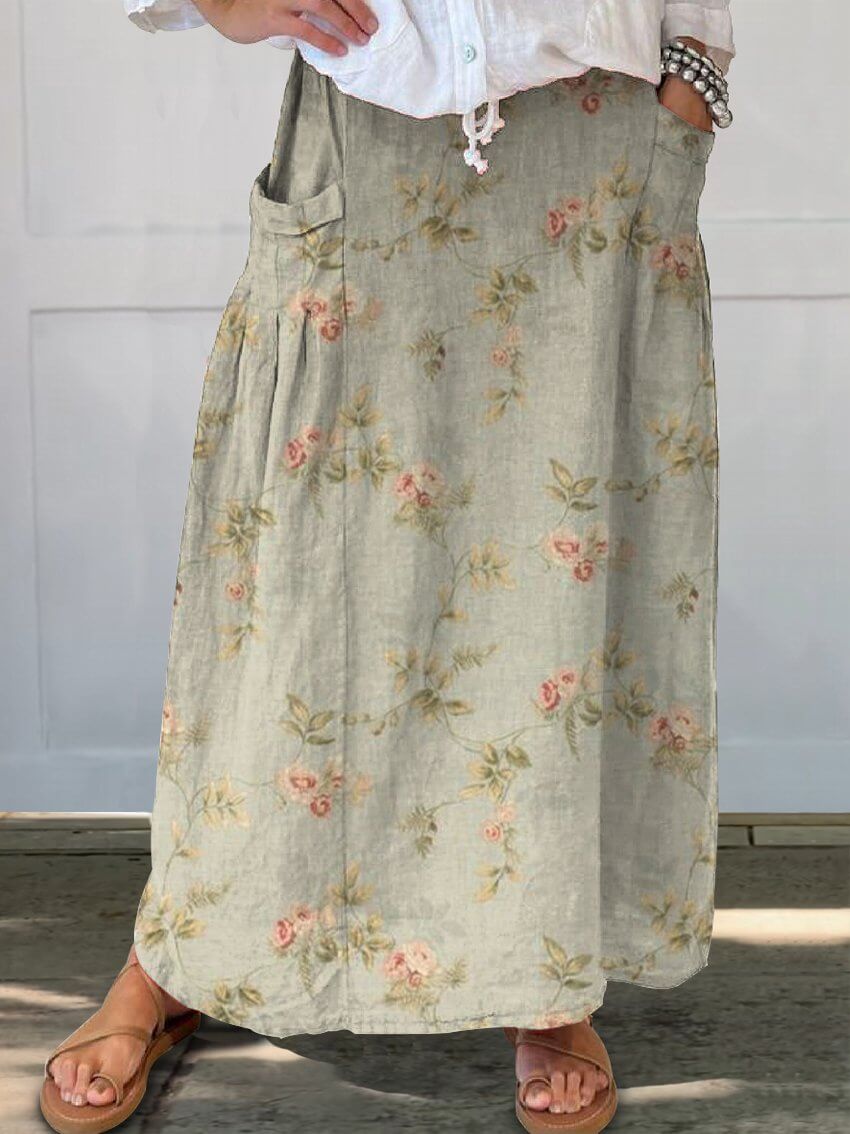 GR | Green floral pattern women's linen elastic waistband pocket skirt 
