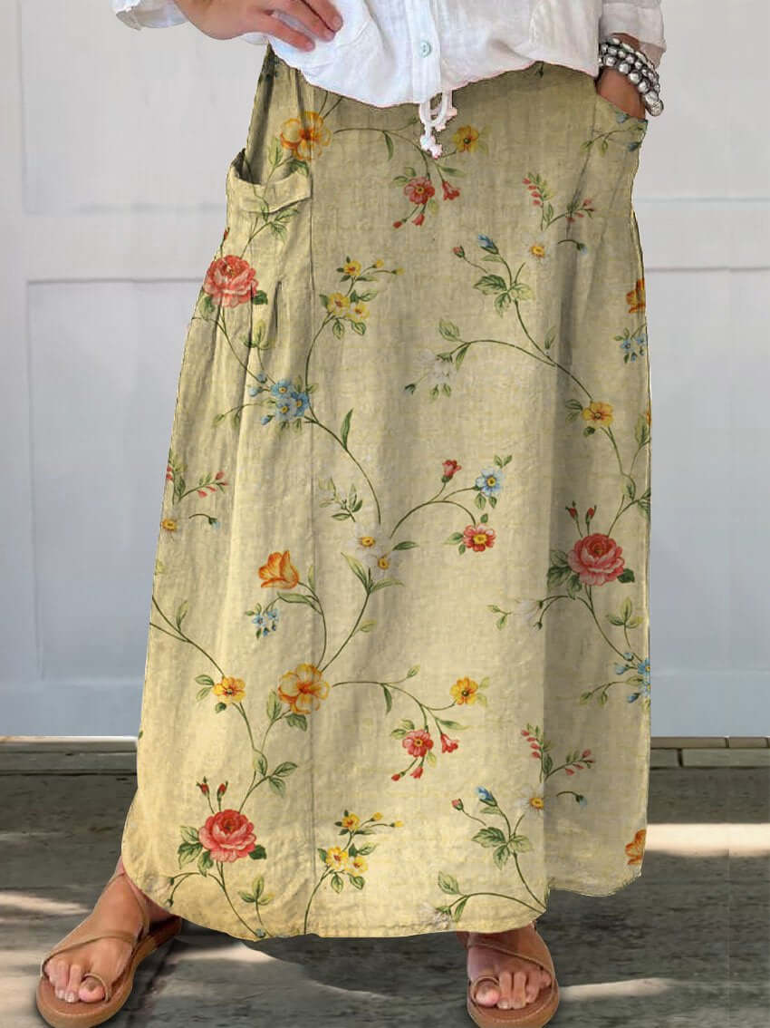 GR | Retro Elegant Floral Art Linen Elastic Waistband Pocket Skirt 