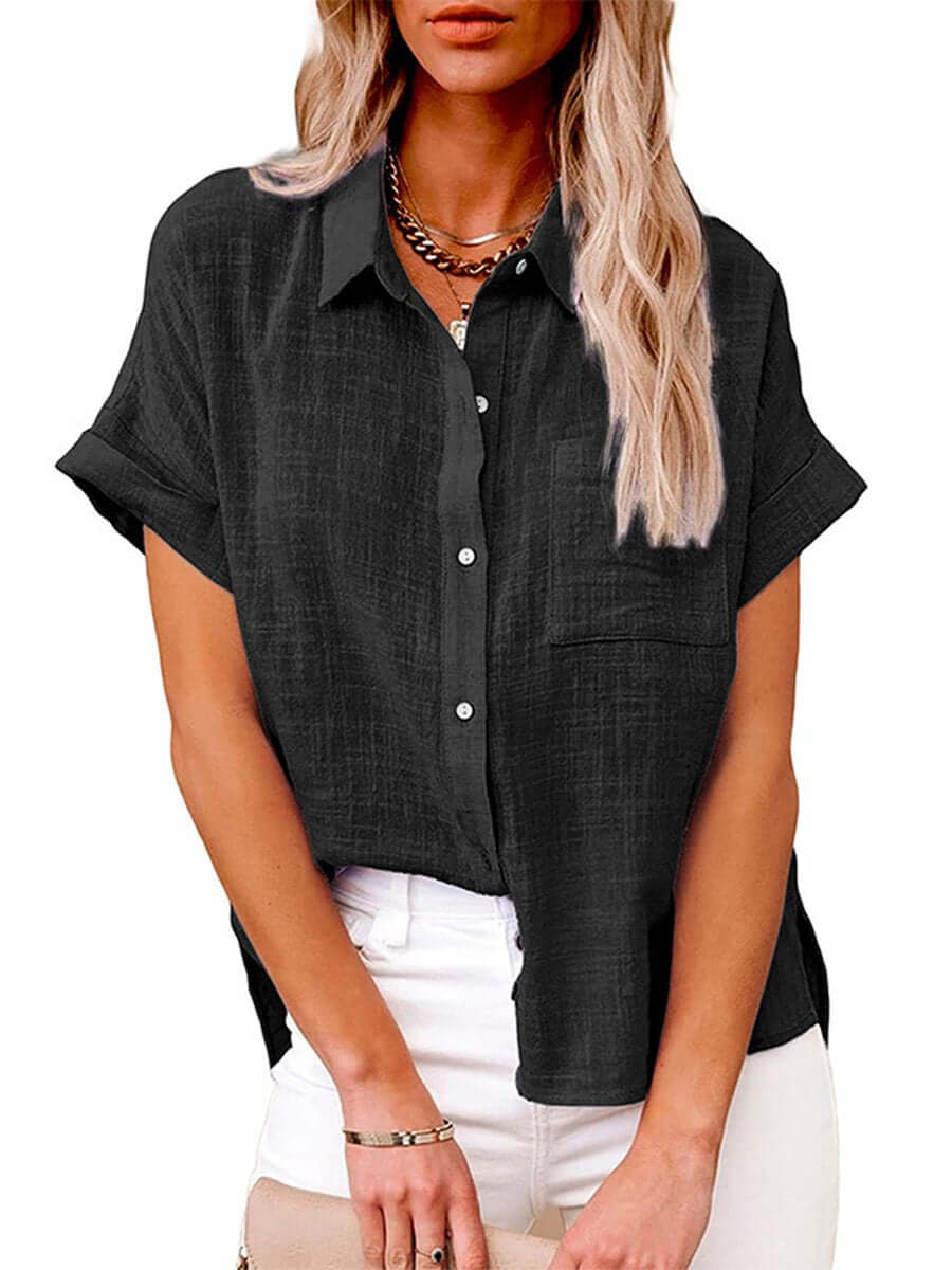 GR | Plain button-down short-sleeved shirt 