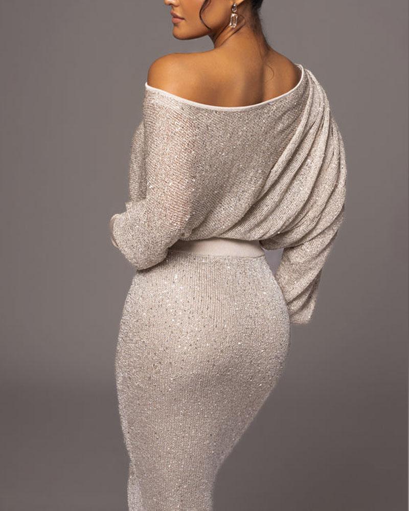 GR Evening Dress | Elegant, festive, off-the-shoulder dress with gold sequins