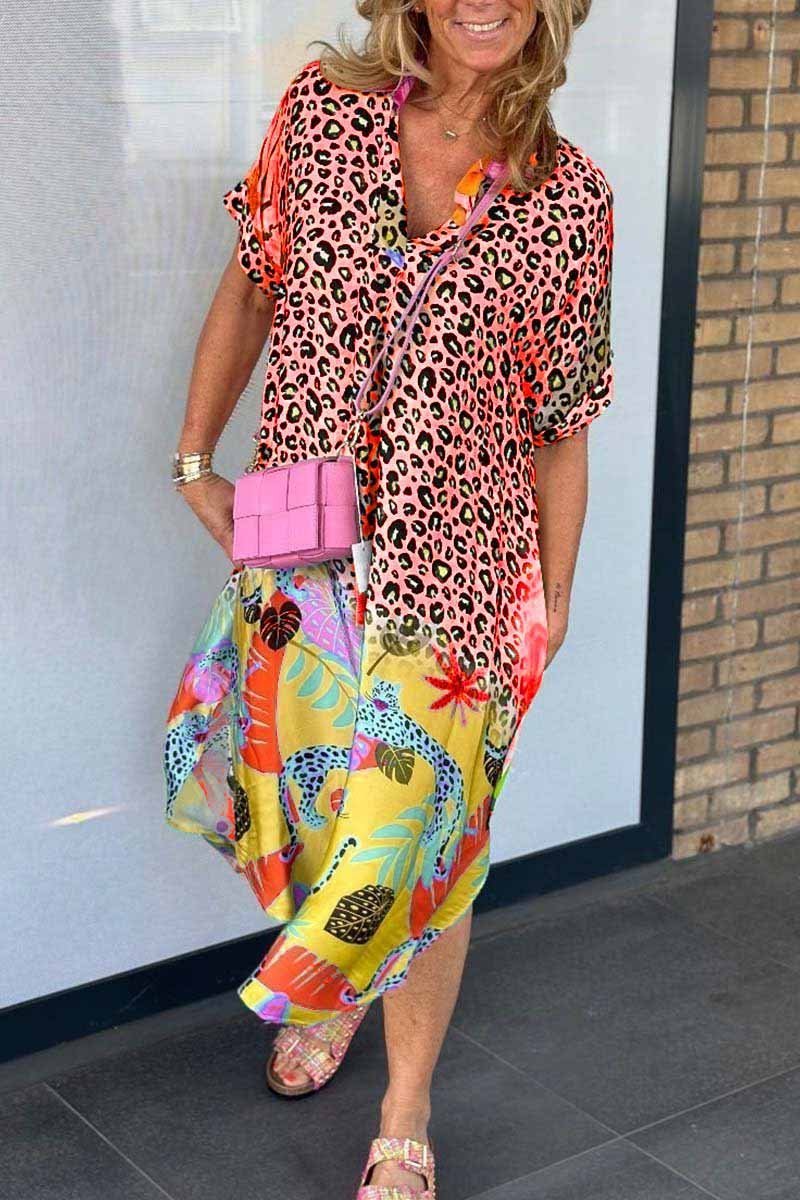 Short-sleeved casual dress with leopard print 