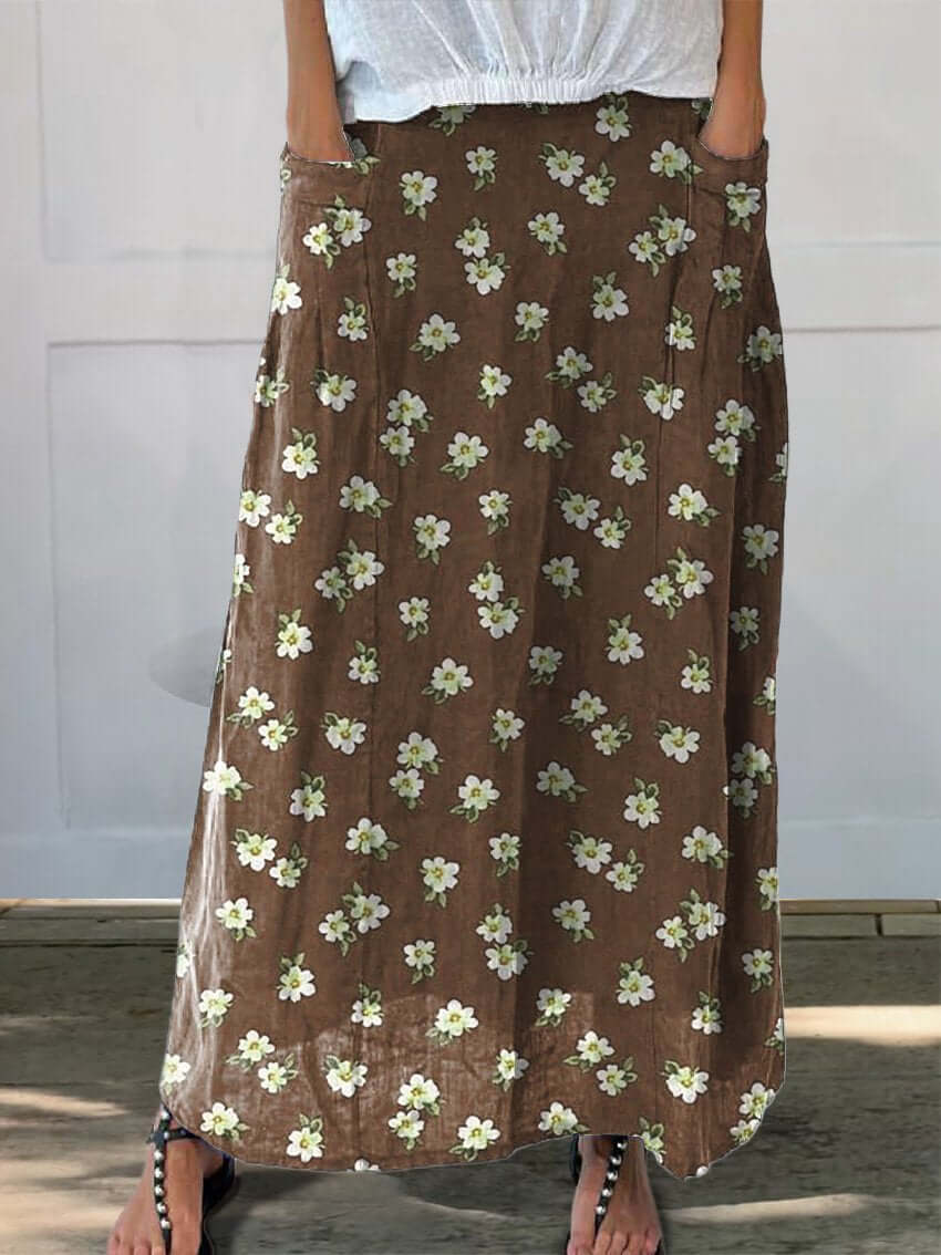 GR | Plumeria Floral Design Printed Women's Linen Skirt with Pockets 