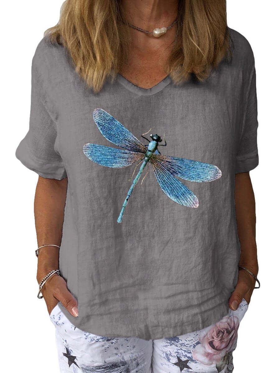 GR | Dragonfly Art Print Cotton & Linen Casual Top 