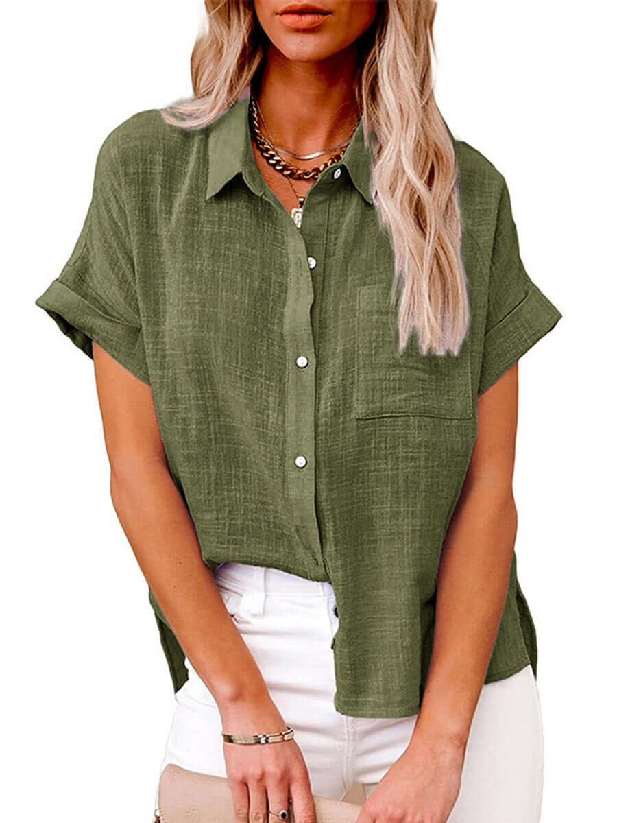 GR | Plain button-down short-sleeved shirt 