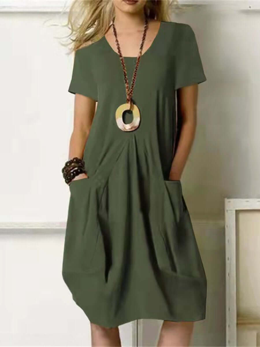GR | Round neck cotton-linen casual dress 