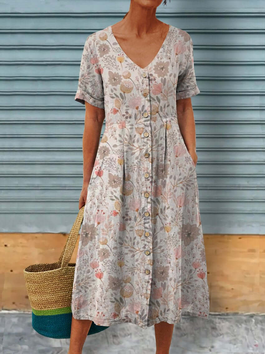 GR | Boho Garden Floral Linen Bags Tunic Dress 