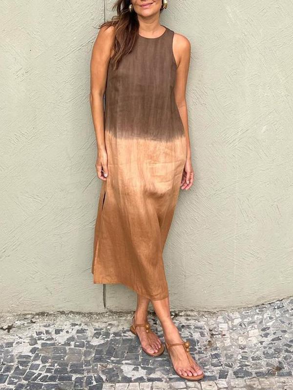 GR | Long, Sleeveless, Loose-Fitting Cotton and Linen Dress with Subdued Tie-Dye Slit for Women