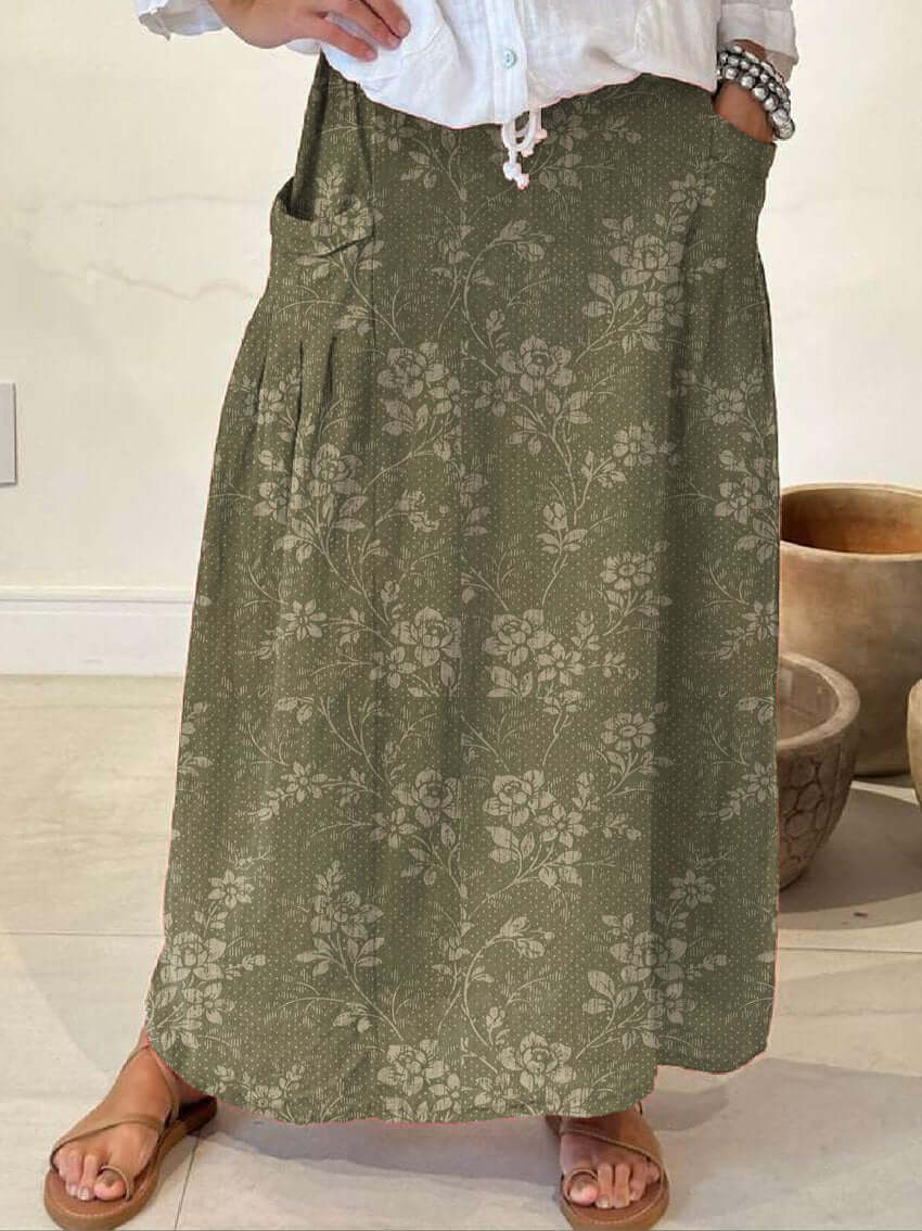 GR | Vintage Blumen Leinen Elastischer Taillenbund Rock mit Taschen