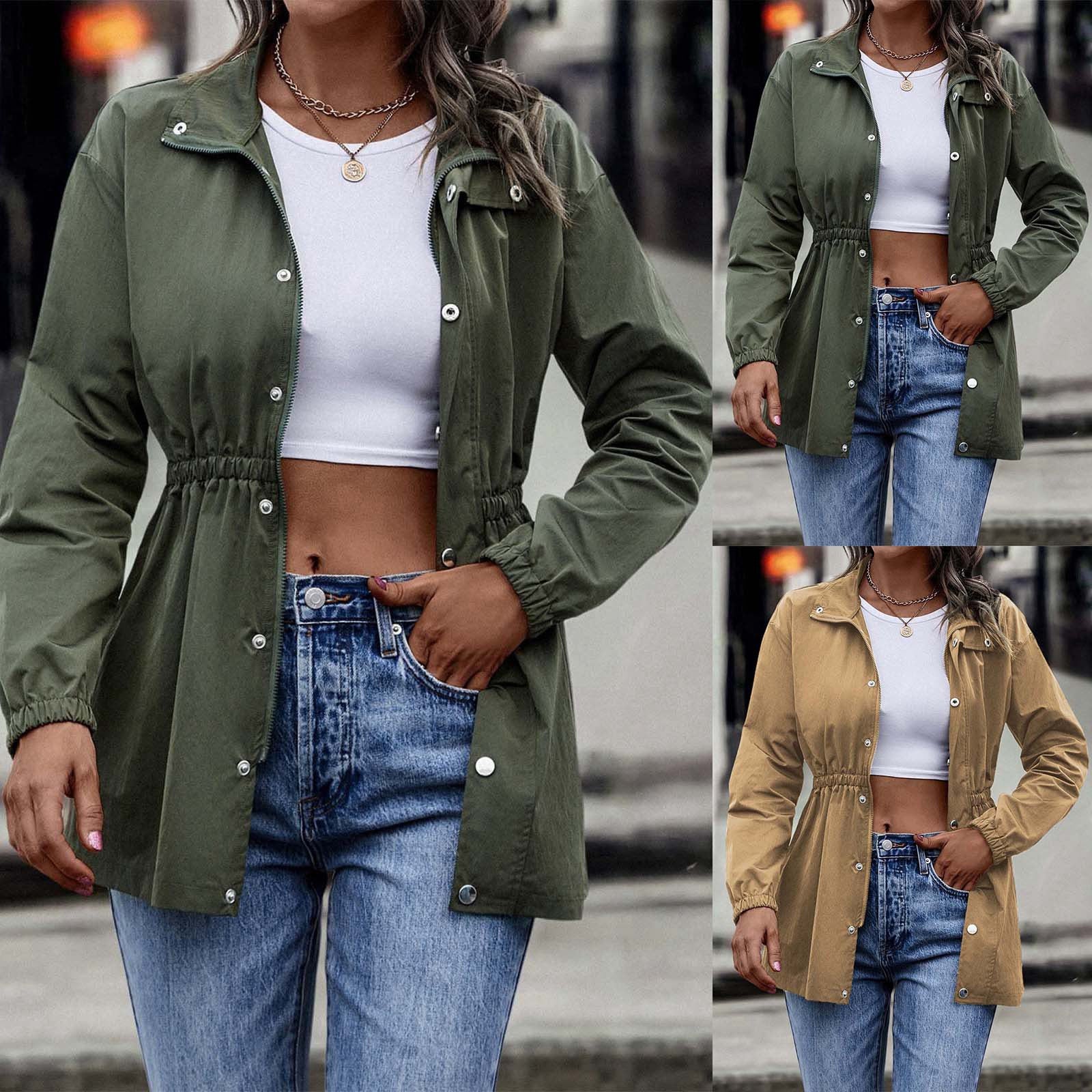 GR - Women's khaki casual drawstring jacket