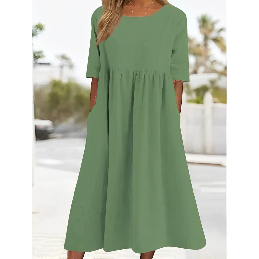 GR | Atmungsaktives Baumwoll-Leinen Vintage Midi-Kleid mit Falten-Design