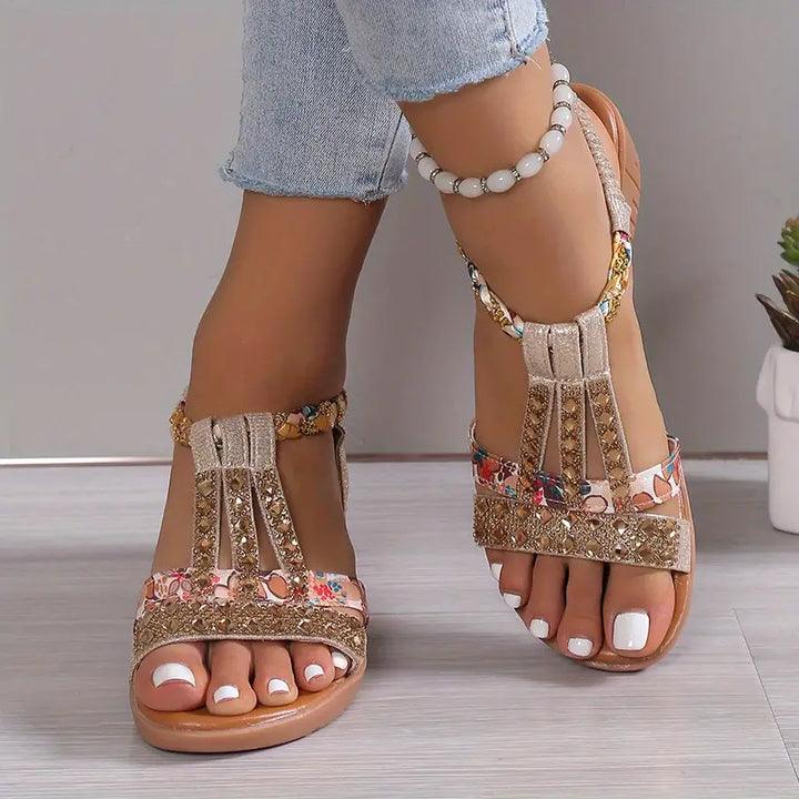 GR | Boho Wedge Sandals with Braided Strap and Rhinestones for Women