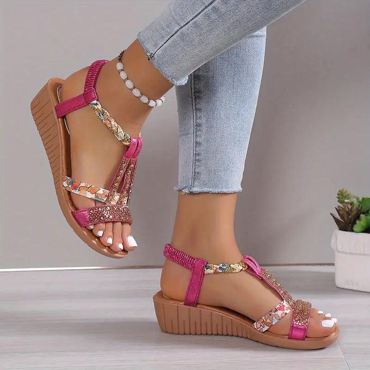 GR | Boho Wedge Sandals with Braided Strap and Rhinestones for Women