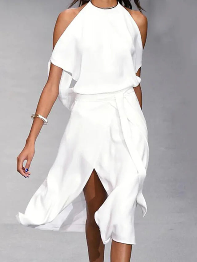 GR | Midi Kleid Off Shoulder Wickelstil Mit Frontschlitz Elegante Fließende Passform