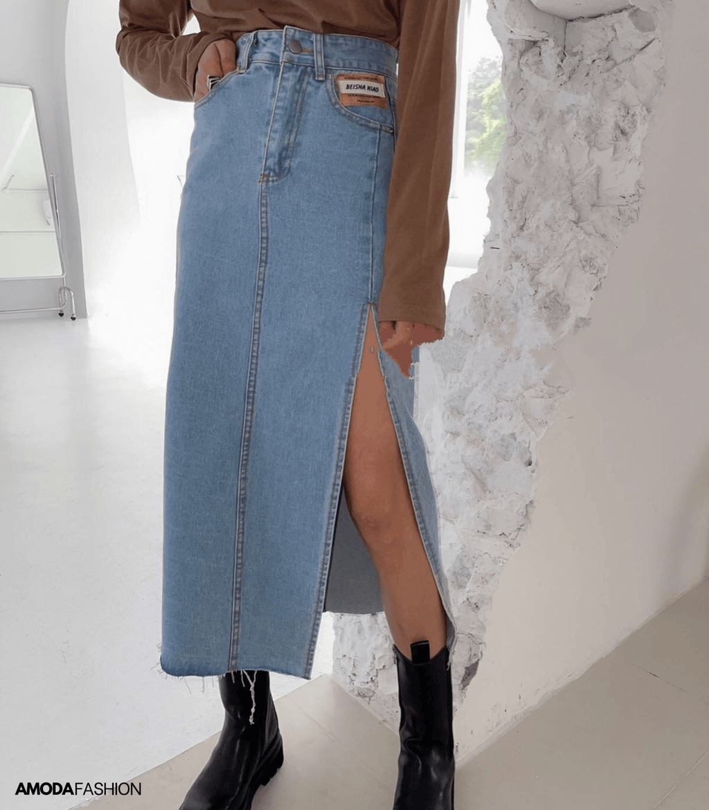 GR | Langer Bleistift-Denimrock mit Seitenschlitz