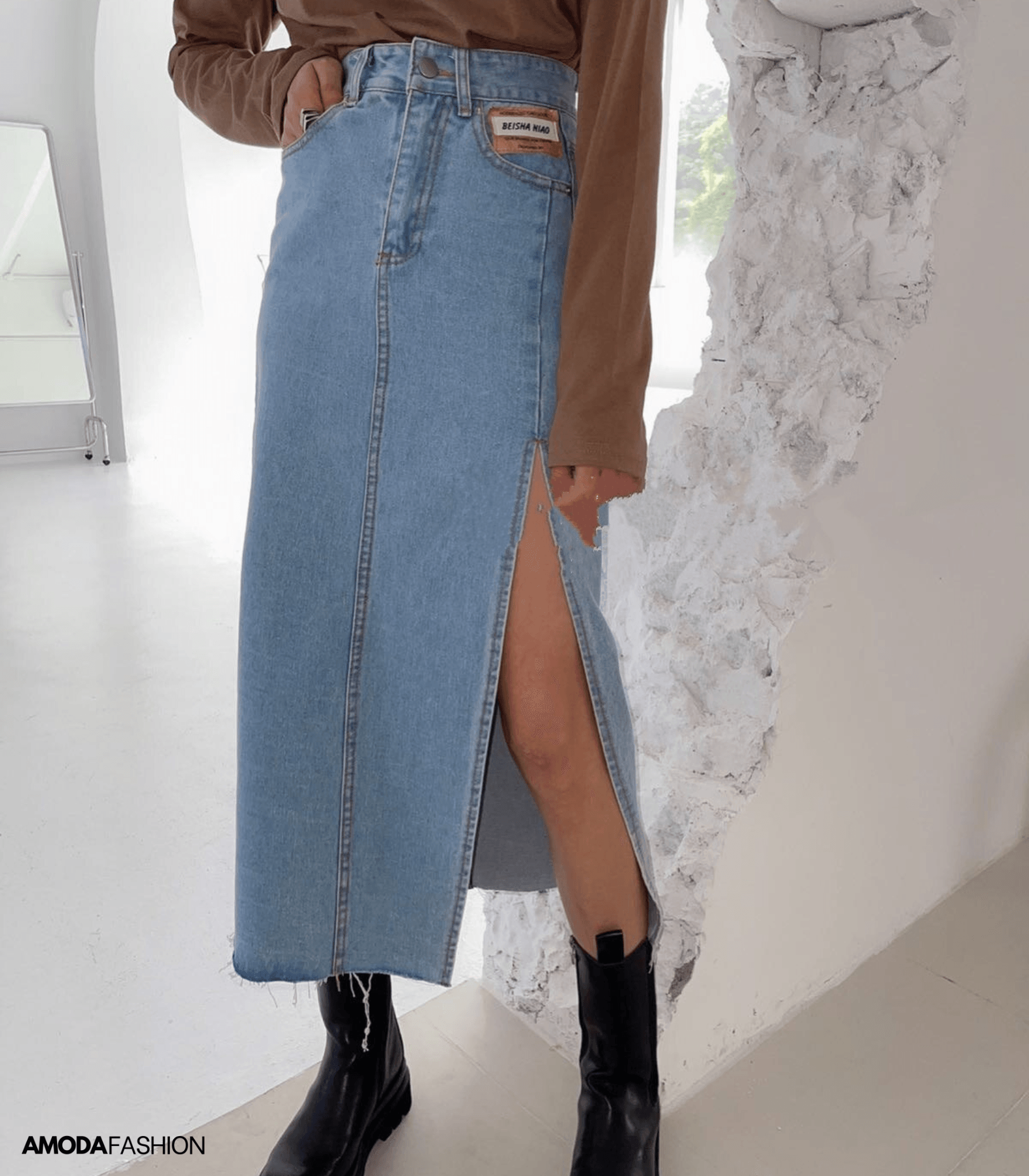 GR | Langer Bleistift-Denimrock mit Seitenschlitz
