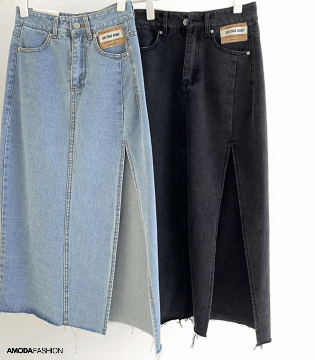 GR | Langer Bleistift-Denimrock mit Seitenschlitz