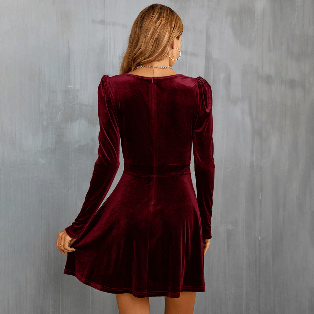 GR | Rote Samt Glockenkleid Mit V-Ausschnitt Damen Abendkleid