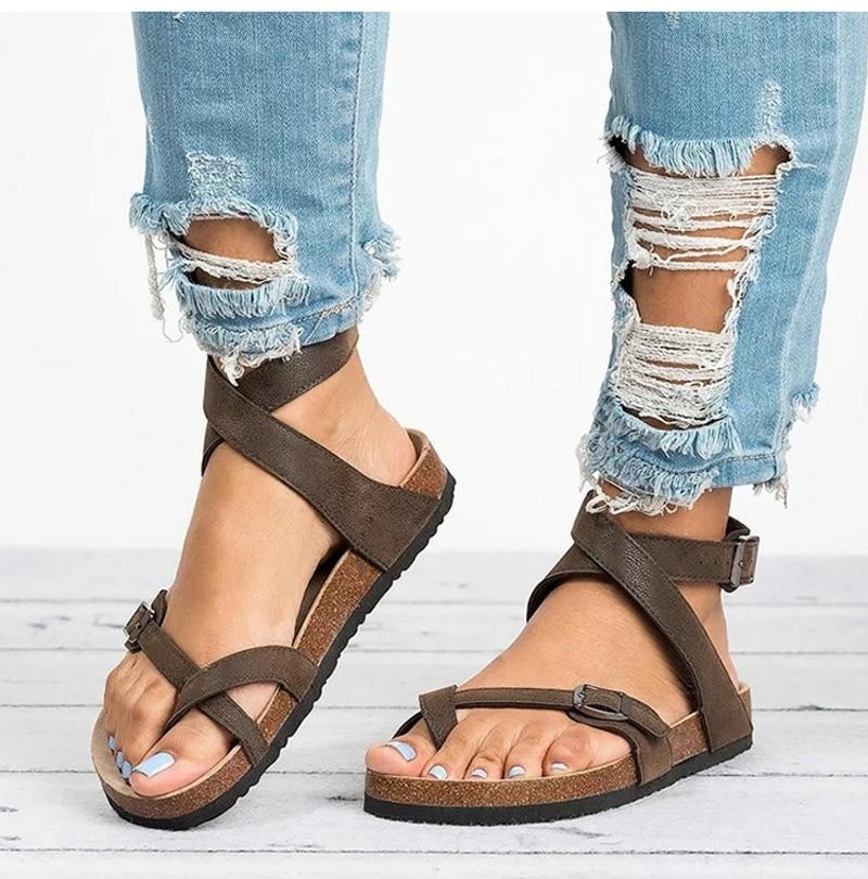GR | Leather flat sole sandals flip flop belt buckle Roman style