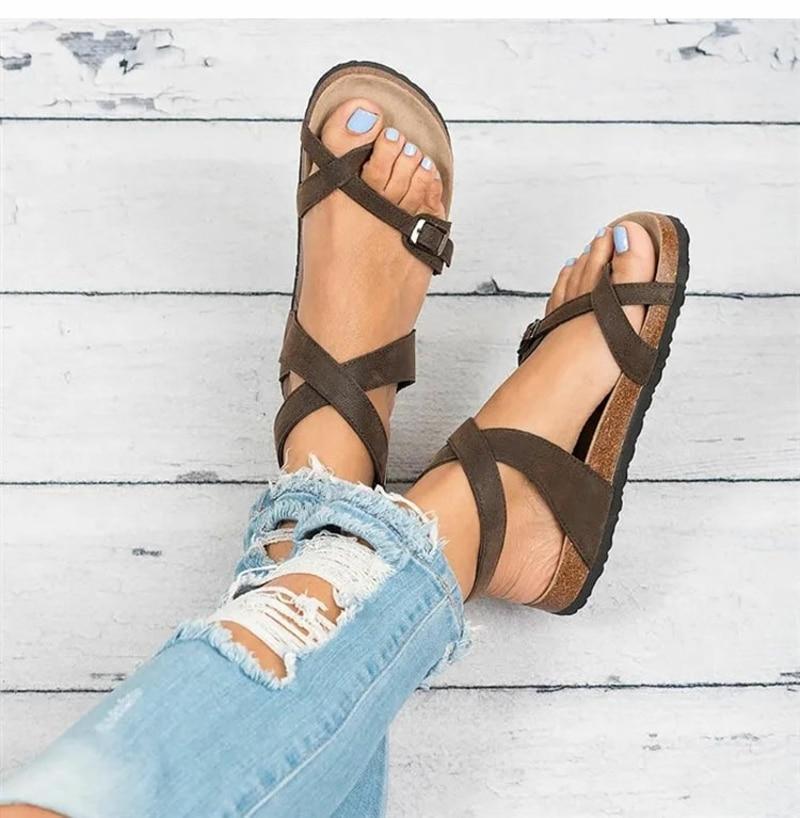 GR | Leather flat sole sandals flip flop belt buckle Roman style