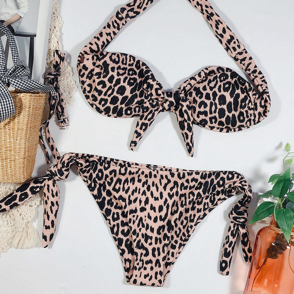 GR | Leopard Print Bow Bandeau Brazilian Two-Piece Bikini Swimsuit