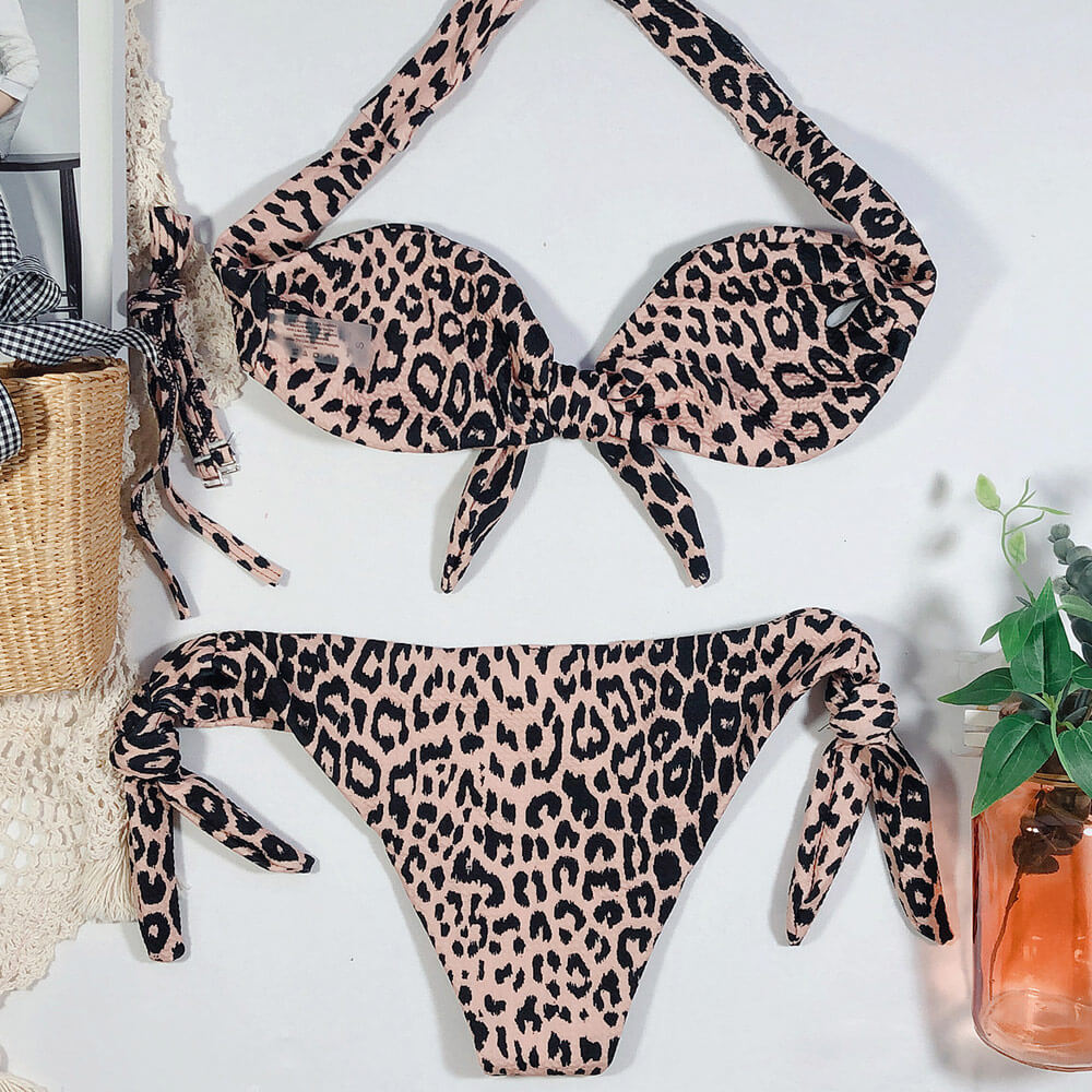 GR | Leopard Print Bow Bandeau Brazilian Two-Piece Bikini Swimsuit