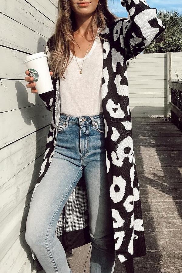 GR leopard print long sweater jacket