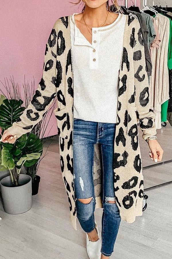 GR leopard print long sweater jacket