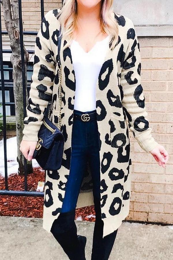 GR leopard print long sweater jacket