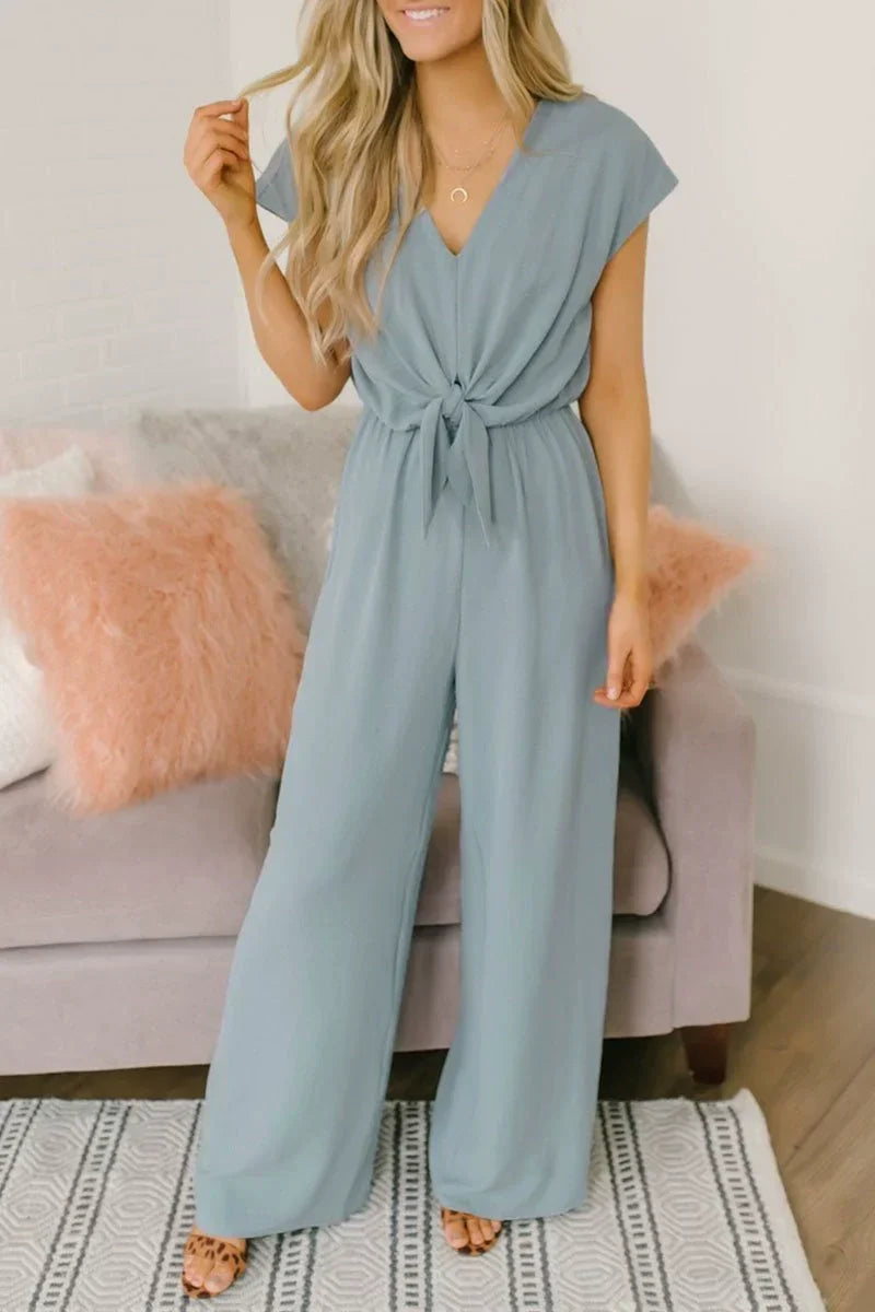 GR | Jumpsuit V-neck Short sleeve Tie belt Wide leg Elegant & Versatile