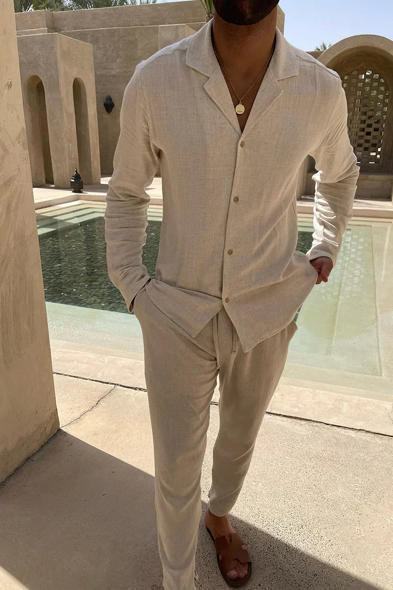GR | Linen Shirt and Trousers Set Relaxed Fit Long Sleeve Shirt with Button Placket Breathable Lightweight Trousers