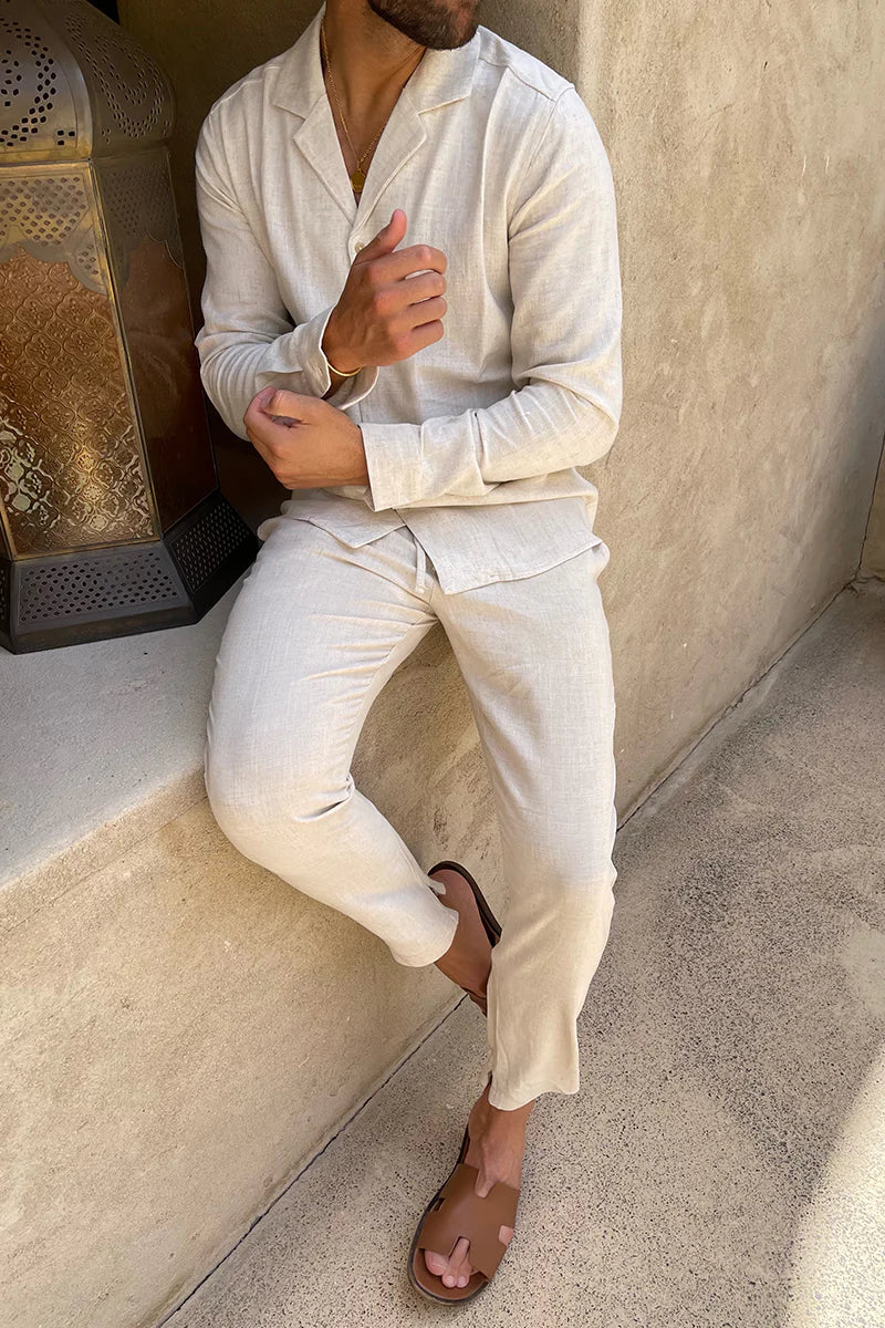 GR | Linen Shirt and Trousers Set Relaxed Fit Long Sleeve Shirt with Button Placket Breathable Lightweight Trousers