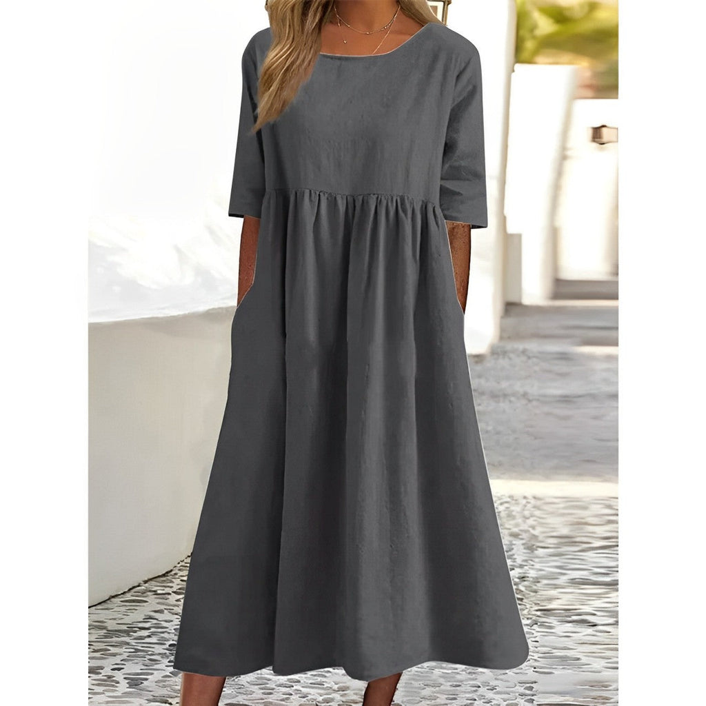 GR | Atmungsaktives Baumwoll Leinen Midi Kleid