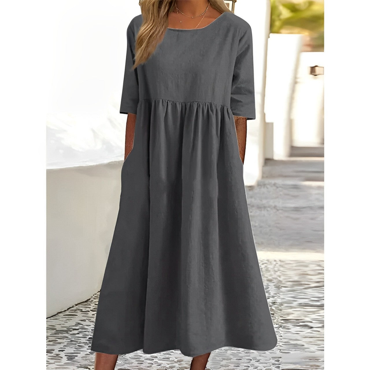 GR | Atmungsaktives Baumwoll-Leinen Vintage Midi-Kleid mit Falten-Design