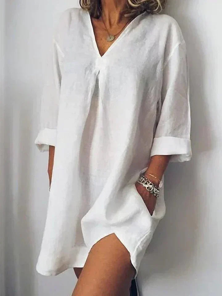 GR | Linen dress with V-neck and half sleeves