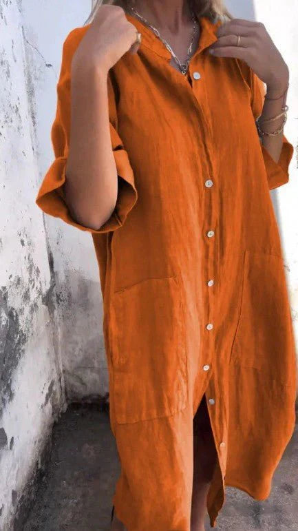 GR | Elegant linen shirt dress with button placket