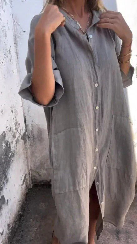 GR | Elegant linen shirt dress with button placket
