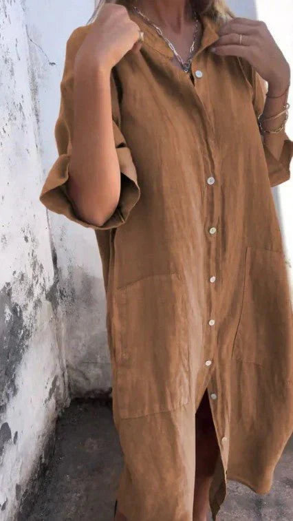 GR | Elegant linen shirt dress with button placket