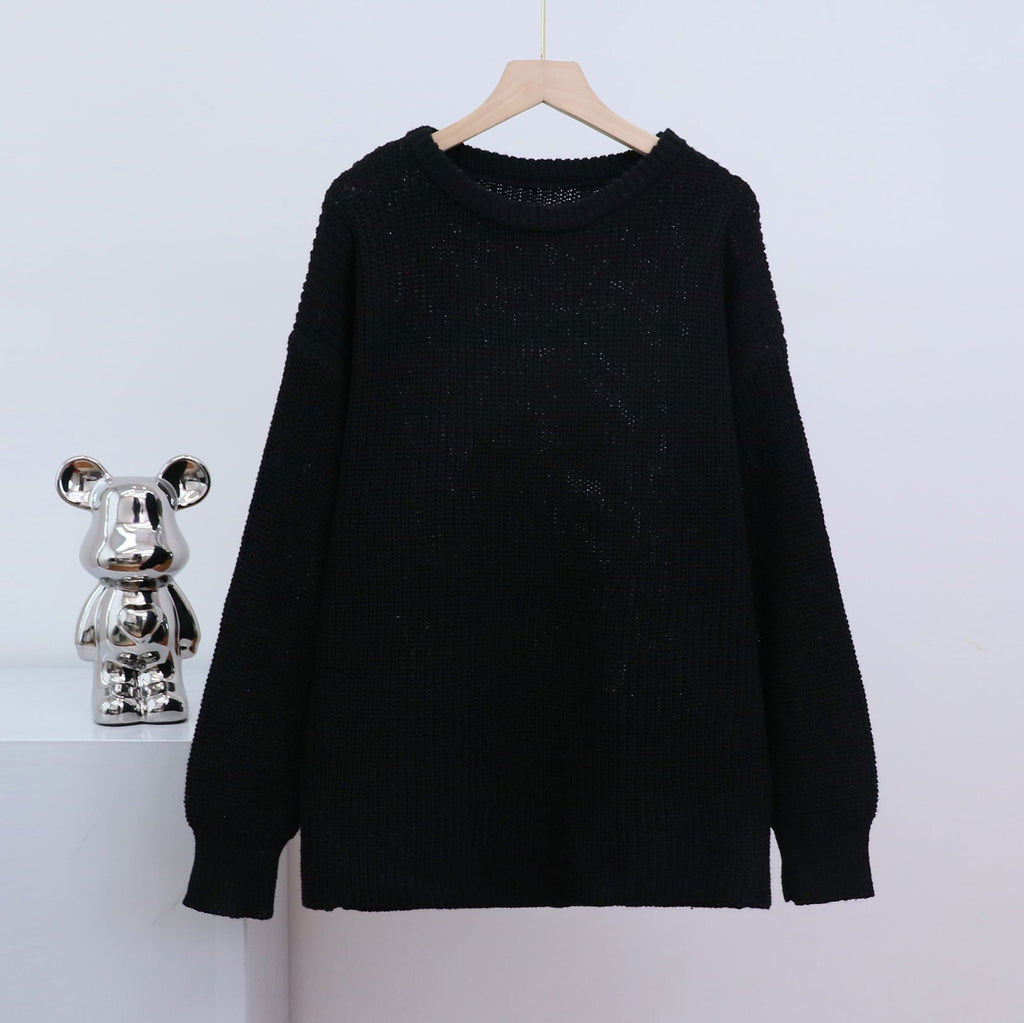 GR – Fashionable solid-color knit sweater with round neck