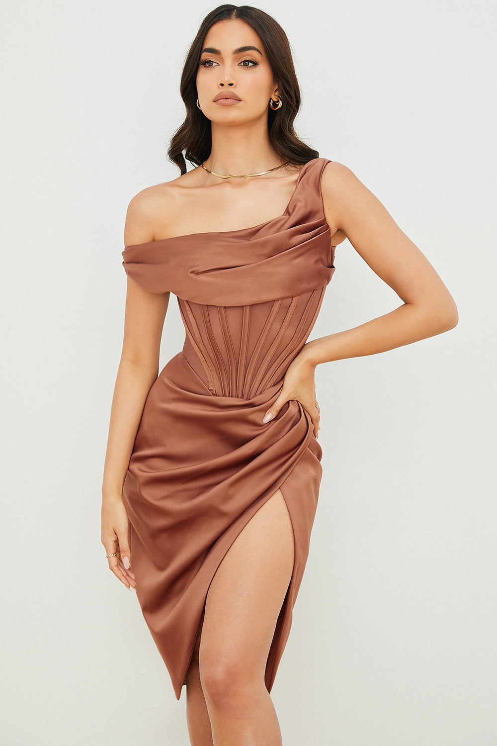 GR | Asymmetrisch drapiertes Midi-Korsettkleid