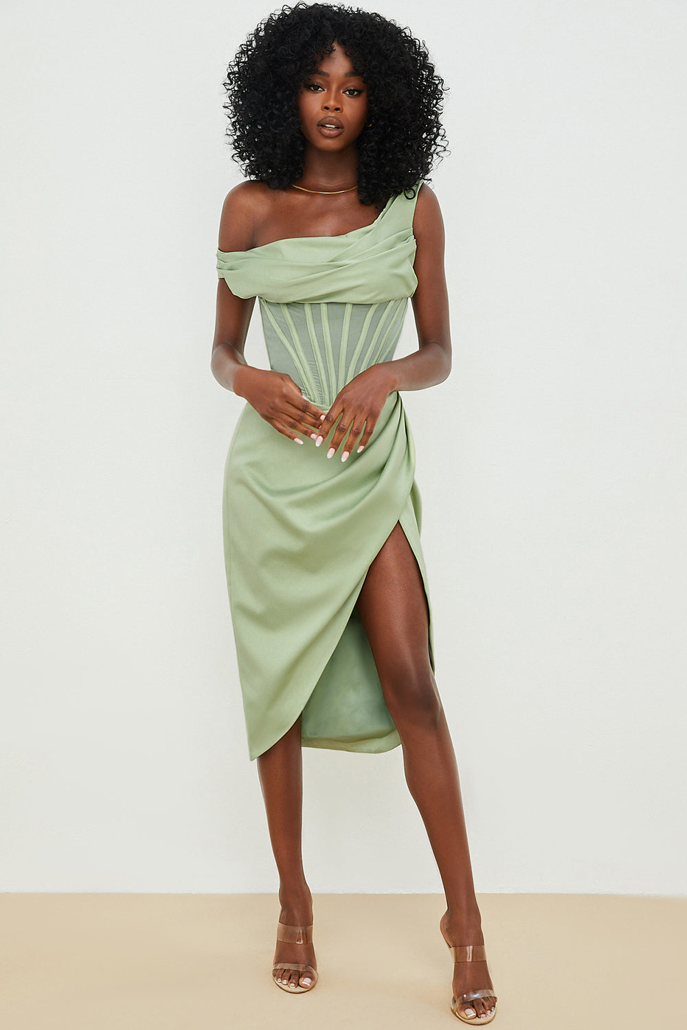 GR | Asymmetrisch drapiertes Midi-Korsettkleid